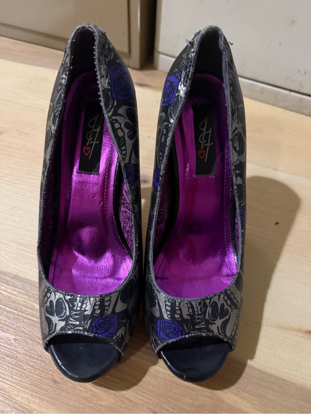 Iron Fist Black Floral Peep-Toe Heels with Purple Lining